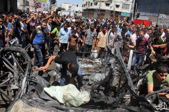 Three Martyrs were killed in an Israeli airstrike that hit a civil bus in Al-Sha’biya crossroad in central Gaza city. 