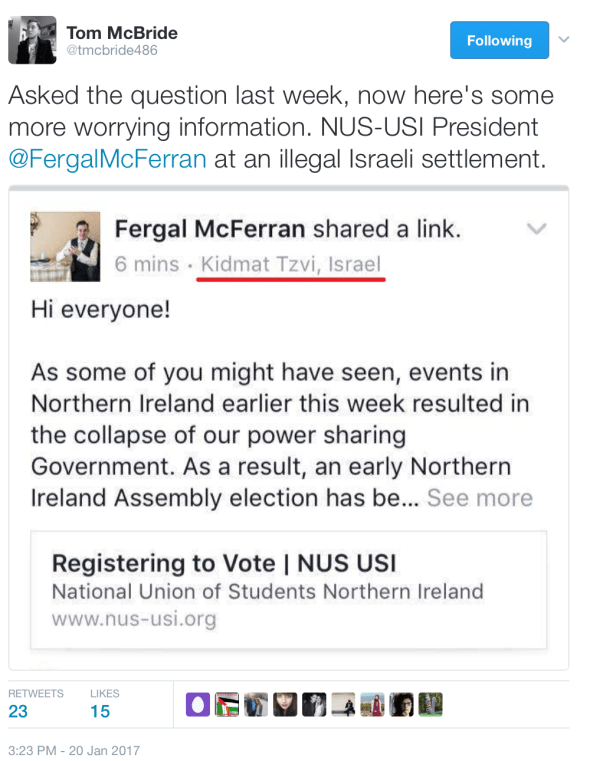 screenshots of NUS-USI President Fergam McFerran's Facebook post on 20 Jan 2017 revealing his presence in an Israeli illegal settlement